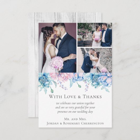 Dank u Waterverf Bloemenbruiloft 3-foto kaart (Voorkant / Achterkant)