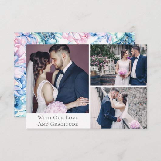 Dank u Waterverf Bloemenbruiloft 3-foto kaart (Voorkant / Achterkant)