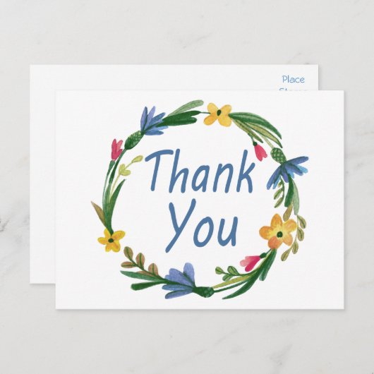 Dank u Waterverf Bloemenkrans Blauw Briefkaart (Voorkant / Achterkant)