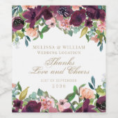 Dank u Waterverf Bourgondië Bloemen Wit Bruiloft Wijn Etiket (Enkel label)