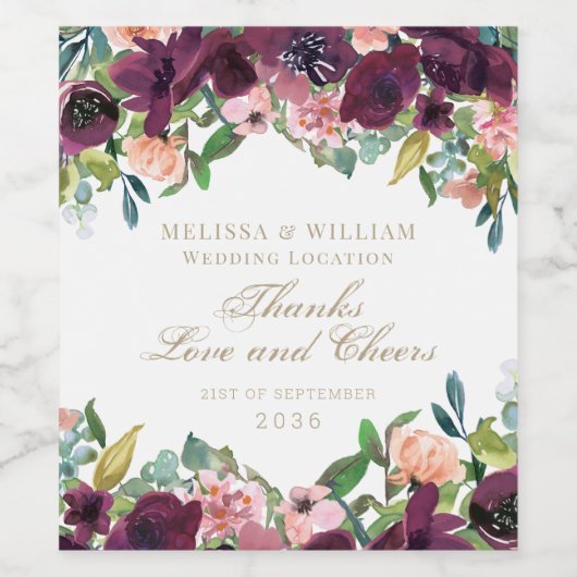 Dank u Waterverf Bourgondië Bloemen Wit Bruiloft Wijn Etiket (Enkel label)