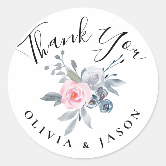 dank u waterverf dusty blue bloemen ronde sticker (Voorkant)