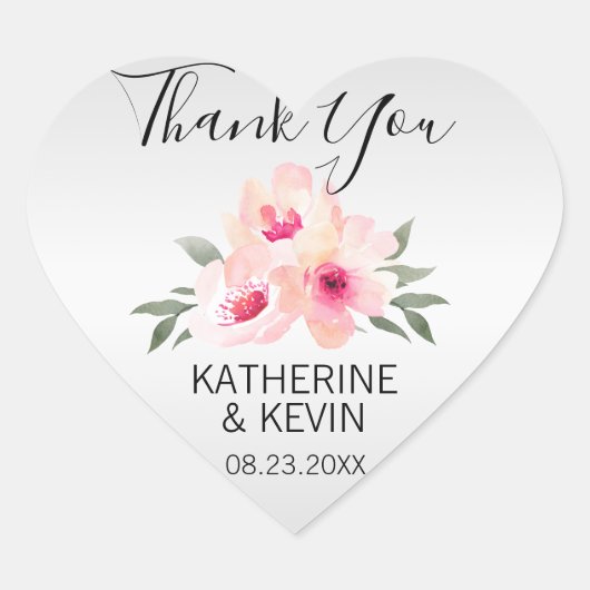 Dank u Waterverf Floral Roze Grijs Bruiloft Hart Sticker (Voorkant)
