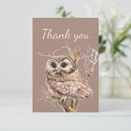 Dank u Waterverf Owl Bird in Tree Bedankkaart (Staand voorkant)