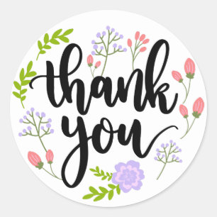 Dank U Waterverf Paars Roze & Groene Bloemen Ronde Sticker