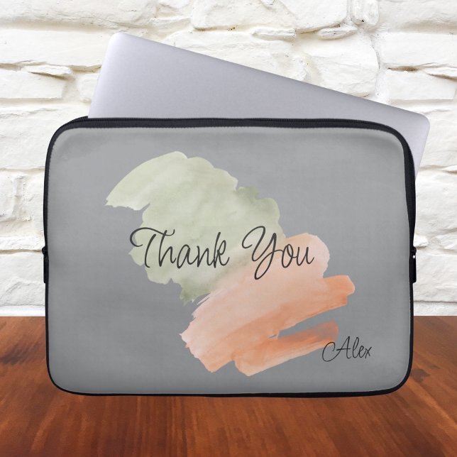Dank U Waterverf Perzik en Groen Aangepaste Naam Laptop Sleeve (Creator heeft geüpload)