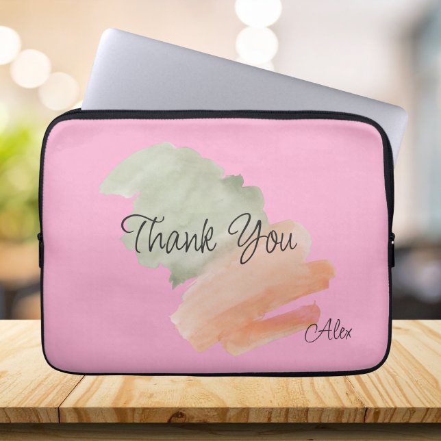 Dank U Waterverf Perzik en Groen Aangepaste Naam Laptop Sleeve (Creator heeft geüpload)