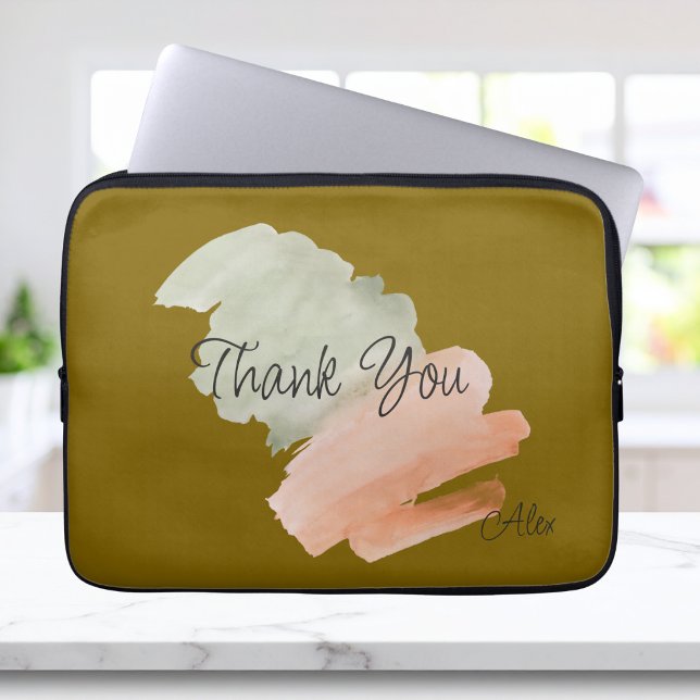 Dank U Waterverf Perzik en Groen Aangepaste Naam Laptop Sleeve (Creator heeft geüpload)