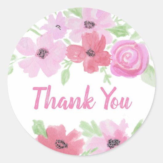 Dank u  Waterverf Roze Floral B Ronde Sticker (Voorkant)