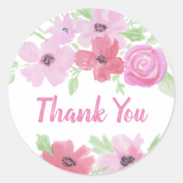 Dank u  Waterverf Roze Floral B Ronde Sticker