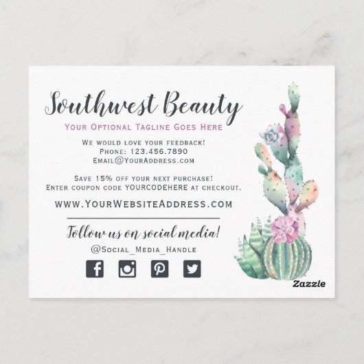 Dank u Waterverf Succulent Cactus Rustic Wood Briefkaart (Achterkant)