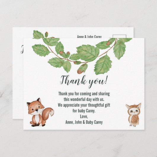 Dank u Waterverf Woodland Animals Briefkaart (Voorkant / Achterkant)