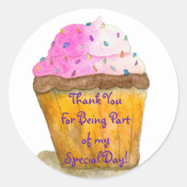 Dank u, Waterverven Roze Cupcake, Sprinkles Ronde Sticker