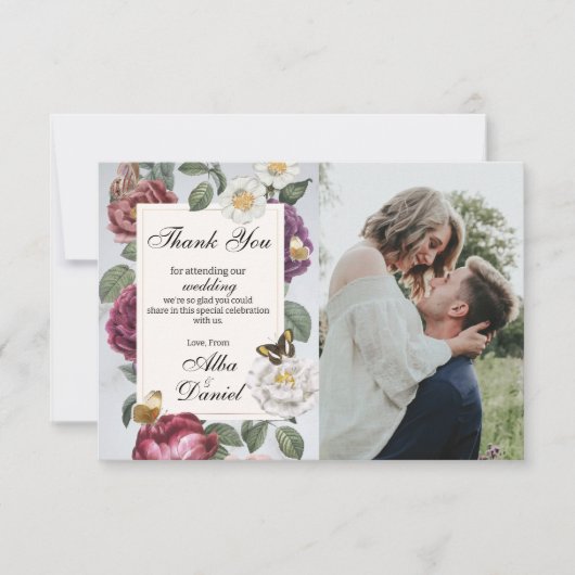Dank u Wedding Bloom Floral Photo Butterfly Bedankkaart (Voorkant)