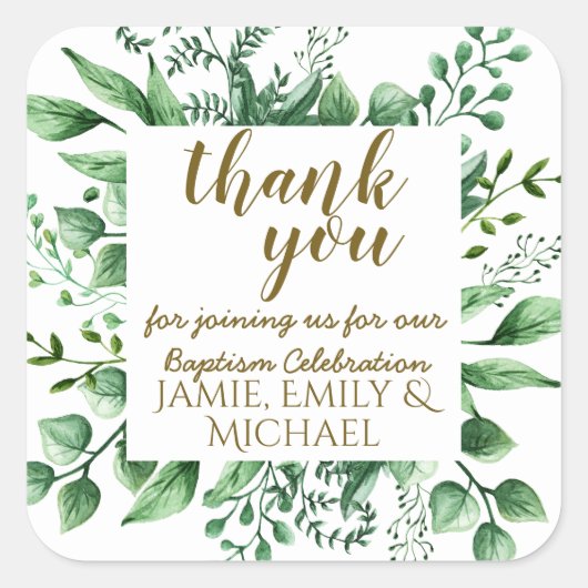 Dank u wel BAPTISM-Stickers, botanische bladeren G Vierkante Sticker (Voorkant)