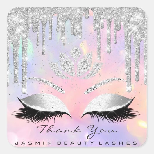 Dank u wel Beauty Lashes Bridal Holographic Glitte Vierkante Sticker (Voorkant)