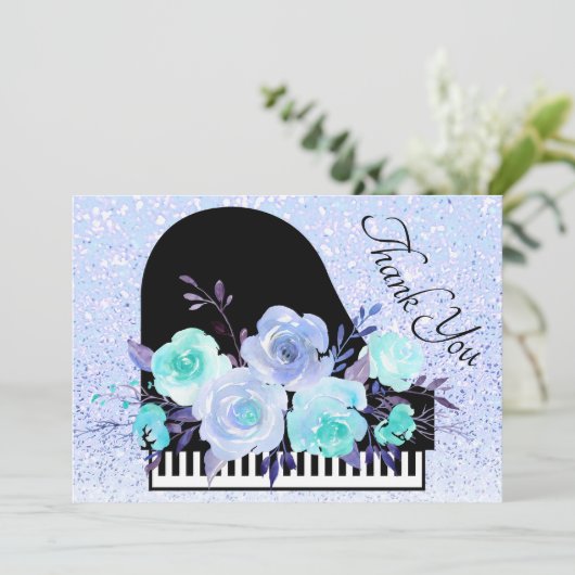 dank u wel blauw bouquet piano decor bedankkaart (Staand voorkant)