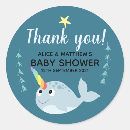 Dank u wel Cute Narwhal Ocean Unisex Baby shower Ronde Sticker (Voorkant)