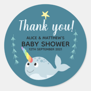 Dank u wel Cute Narwhal Ocean Unisex Baby shower Ronde Sticker