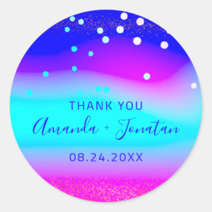 Dank u wel Datum Blauw Aqua Pink Confetti Ocean Ronde Sticker