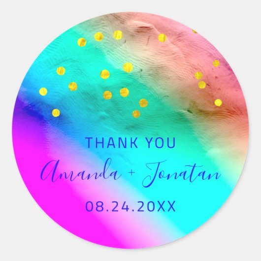 Dank u wel Datum Blauwe Goud Confetti Regenboog Ronde Sticker (Voorkant)