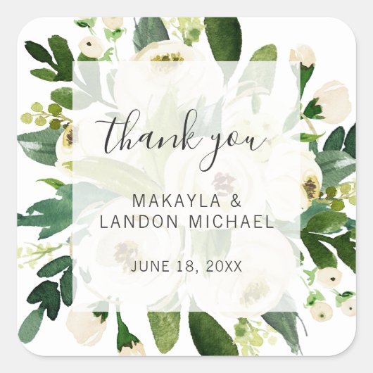 Dank u wel Elegant White Floral Waterverf Wedding Vierkante Sticker (Voorkant)