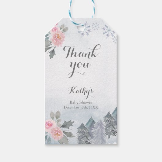 Dank u wel Label Pink Floral Winter Snowflake Cadeaulabel (Voorkant)