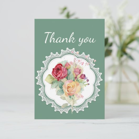 Dank u wel, Lace en Rose Bouquet Garden Flowers Bedankkaart (Staand voorkant)