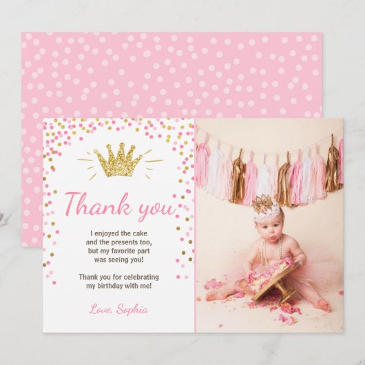 Dank u wel Princess Birthday Gold Pink Bedankkaart (Voorkant / Achterkant)