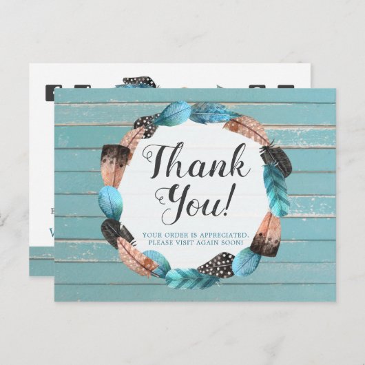 Dank u wel Rustic Turquoise Wood Feather Arrow Boh Briefkaart (Voorkant / Achterkant)