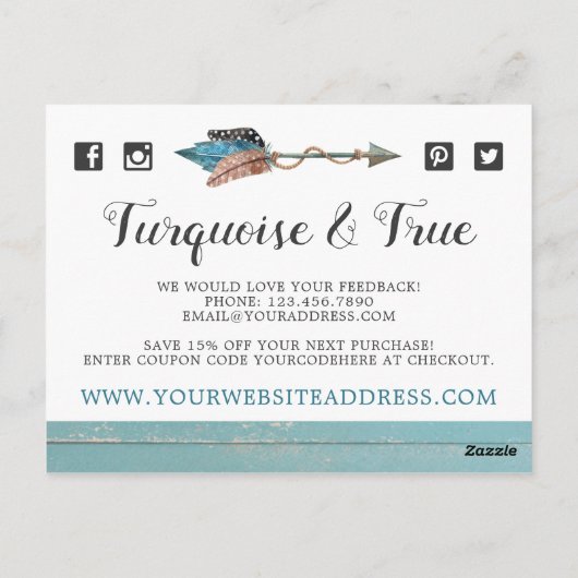 Dank u wel Rustic Turquoise Wood Feather Arrow Boh Briefkaart (Achterkant)