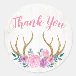 Dank u wel Rustic Wood & Waterverf Floral Antlers Ronde Sticker