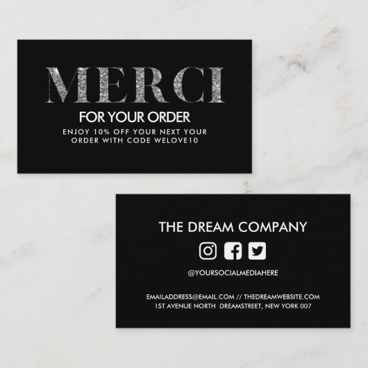 Dank u wel Trendy Elegant Glitter Merci Korting Visitekaartje (Voorkant / Achterkant)