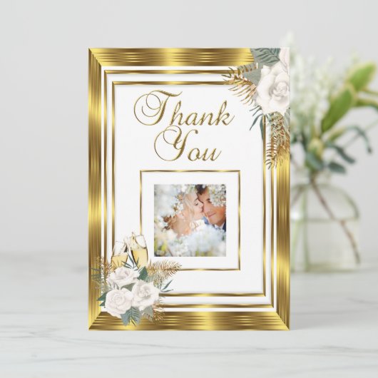 Dank u wel Weddenschap Golden White Rose Champagne Bedankkaart (Staand voorkant)