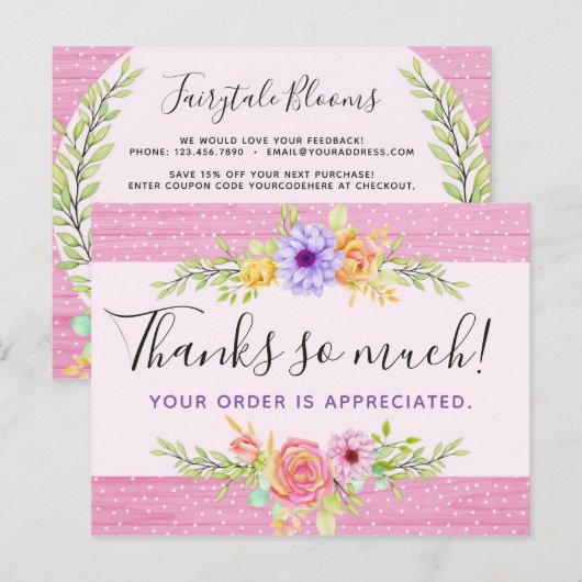 Dank u wel Whimsical Floral Rozen Rustic Pink Wood Briefkaart (Voorkant / Achterkant)