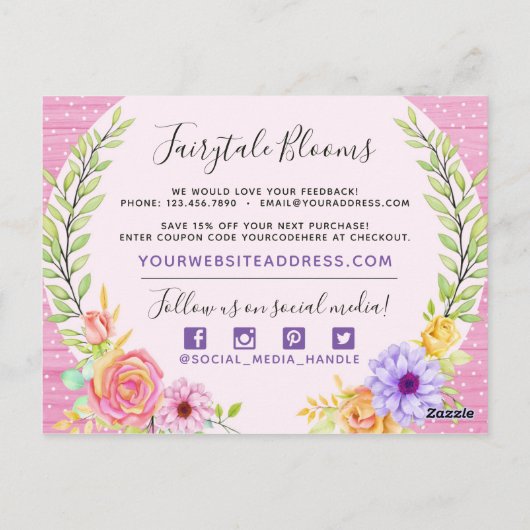 Dank u wel Whimsical Floral Rozen Rustic Pink Wood Briefkaart (Achterkant)