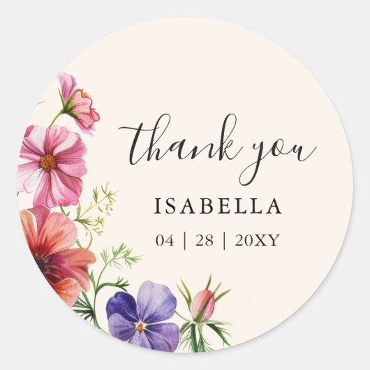 Dank u Wildflower Waterverf Vrijgezellenfeest Ronde Sticker (Voorkant)