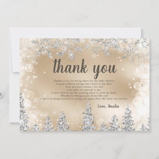 Dank u Winter zilveren sneeuw pijnboom gouden baby Bedankkaart (Voorkant)