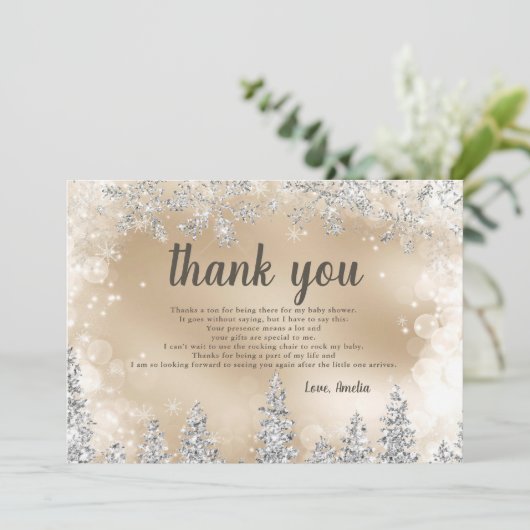 Dank u Winter zilveren sneeuw pijnboom gouden baby Bedankkaart (Staand voorkant)