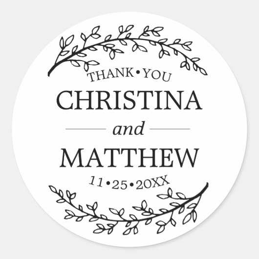 Dank u witte zwarte laurier takken bruiloft ronde sticker (Voorkant)