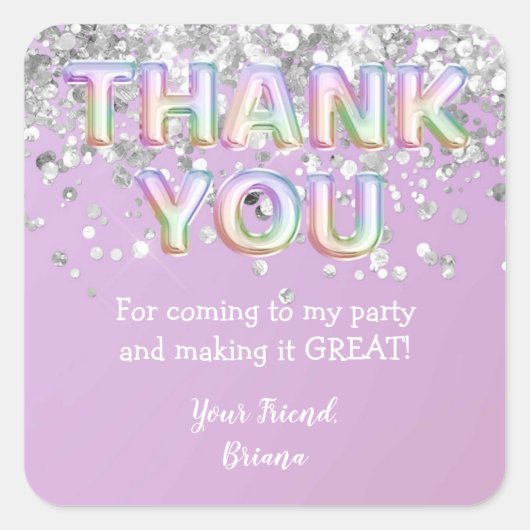 Dank u Zilveren Regenboog Ballons Favor Vierkante Sticker (Voorkant)