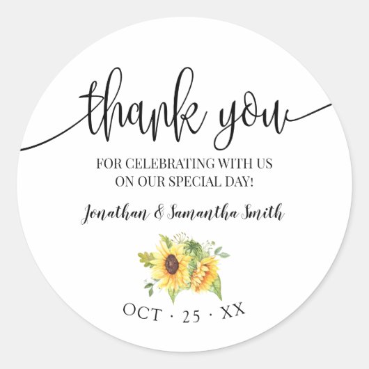Dank u zonnebloem bloemenboho chique bruiloft ronde sticker (Voorkant)