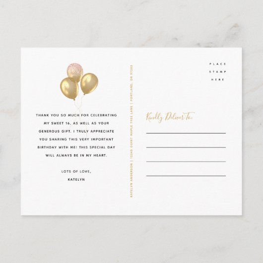 Dank u zwart goud lief 16 verjaardag ballonnen briefkaart (Achterkant)