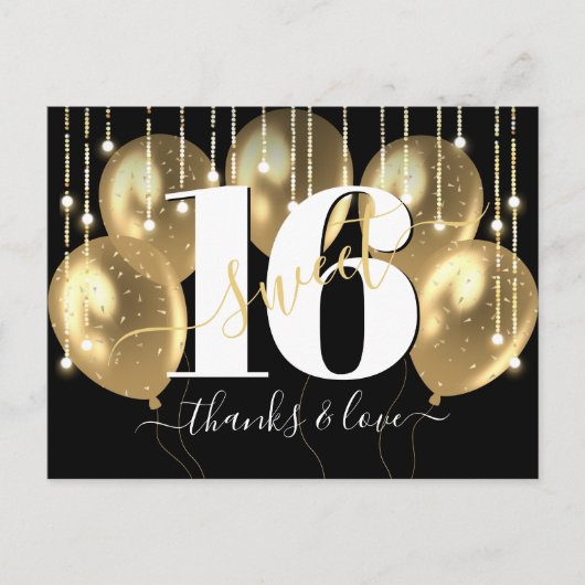 Dank u zwart goud lief 16 verjaardag ballonnen briefkaart (Voorkant)