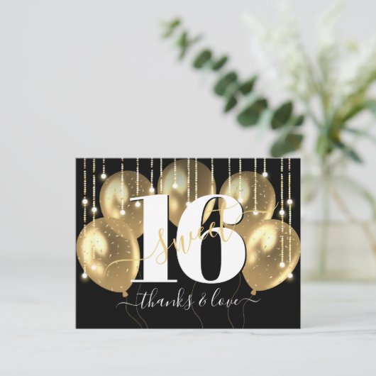 Dank u zwart goud lief 16 verjaardag ballonnen briefkaart (Staand voorkant)