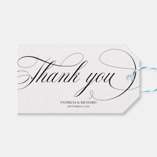 Dank u - Zwart Script Wedding Favor Labels Cadeaulabel (Voorkant (Horizontaal))