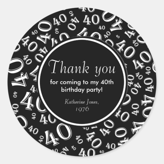 Dank u: Zwart-wit 40ste verjaardagsfeestje Ronde Sticker (Voorkant)
