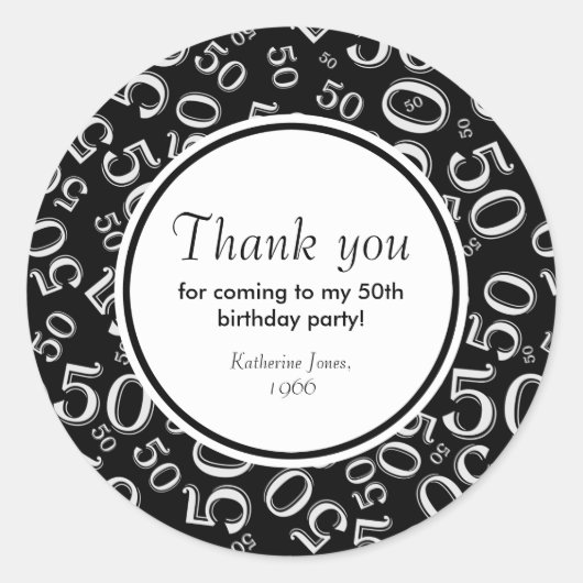 Dank u: Zwart-wit 50ste verjaardagsfeestje Ronde Sticker (Voorkant)