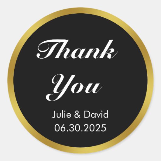 Dank u Zwart Wit en Goud Trouwdatum Namen Ronde Sticker (Voorkant)