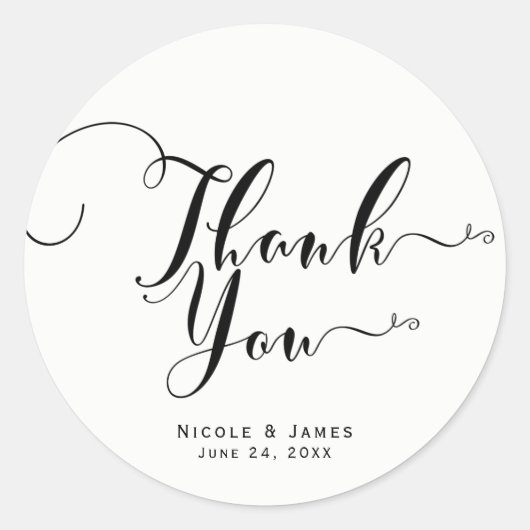 Dank u Zwart Wit Script Custom Wedding Favor Ronde Sticker (Voorkant)
